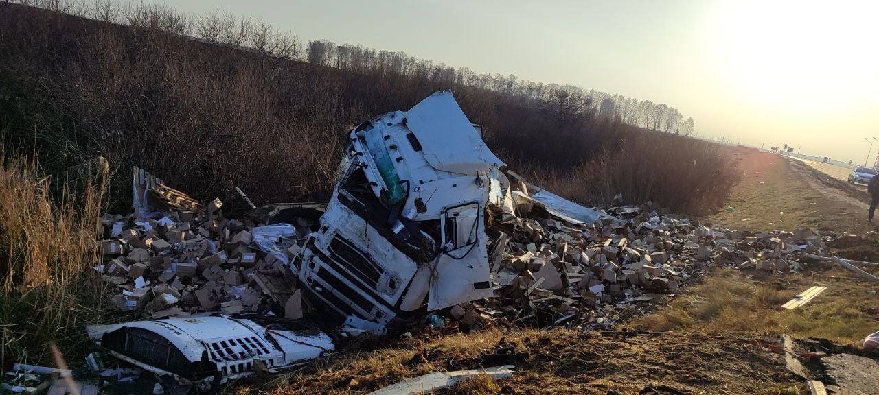 Фура протаранила остановку из-за взрыва переднего колеса Фура протаранила остановку из-за взрыва переднего колеса