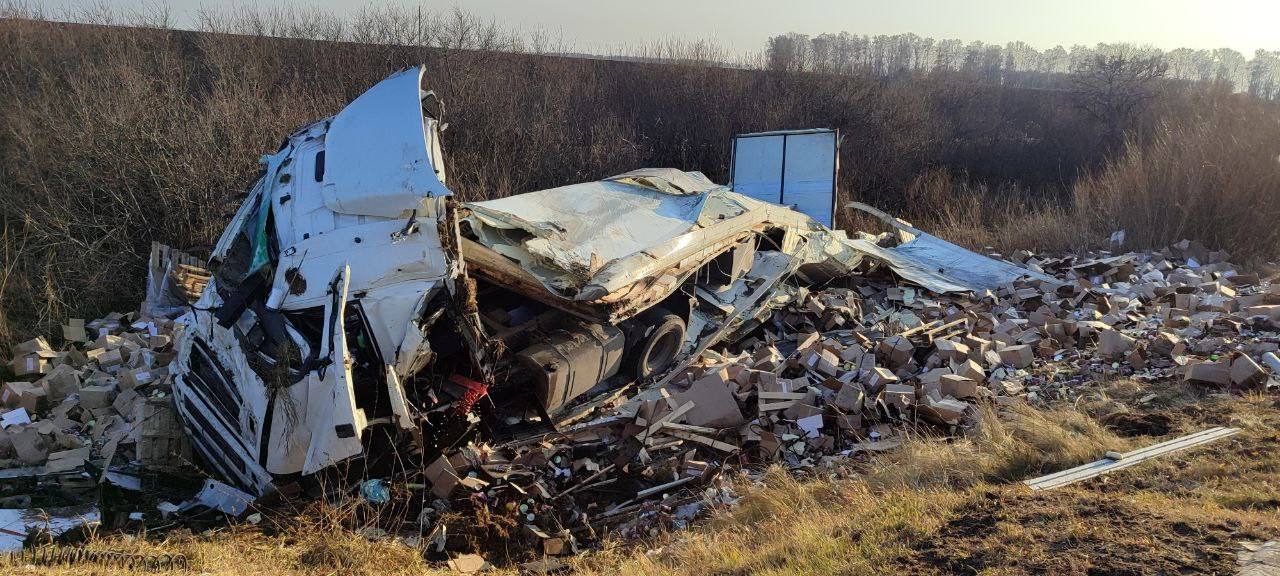 Фура протаранила остановку из-за взрыва переднего колеса Фура протаранила остановку из-за взрыва переднего колеса