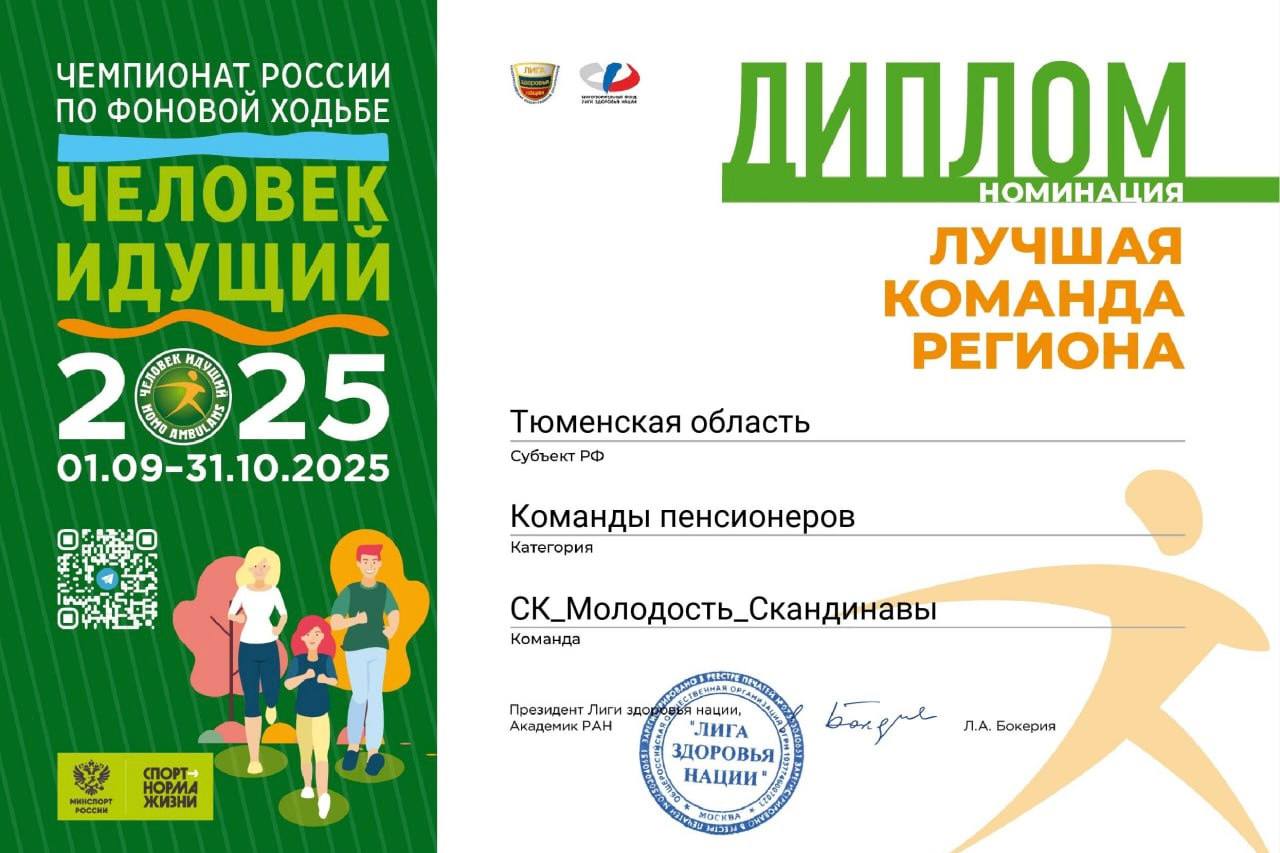 Команда спортивного комплекса «Молодость», состоящая из тоболяков серебряного возраста, триумфально победила в номинации «Лучшая команда региона» на масштабном Чемпионате России по фоновой ходьбе «Человек идущий» Команда спортивного комплекса «Молодость», состоящая из тоболяков серебряного возраста, триумфально победила в номинации «Лучшая команда региона» на масштабном Чемпионате России по фоновой ходьбе «Человек идущий»