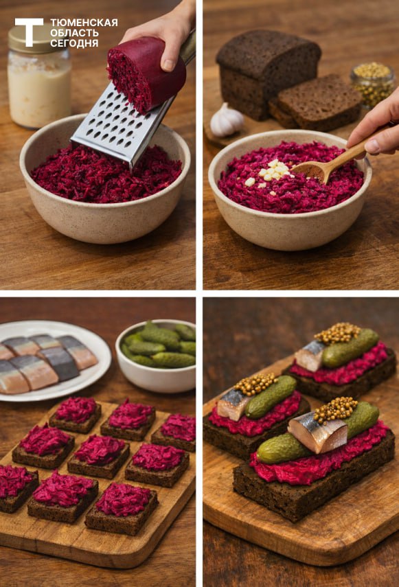 Закусочные тосты «Рубин». Хрустящий бородинский хлеб с пикантной свекольной пастой, нежной слабосолёной селёдкой и зернистой горчицей