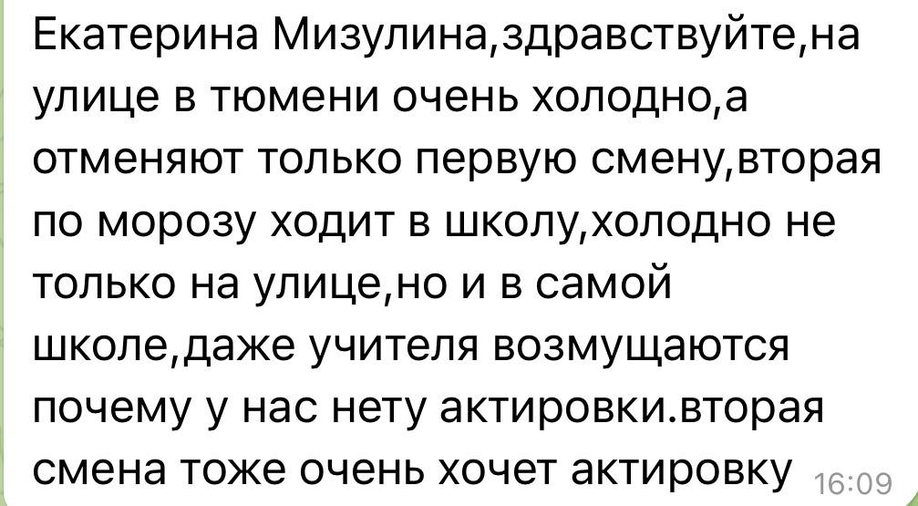 Екатерина Мизулина: В Тюмени какая-то беда с актировками: на улице очень сильные морозы, а отменяют занятия не у всех Екатерина Мизулина: В Тюмени какая-то беда с актировками: на улице очень сильные морозы, а отменяют занятия не у всех