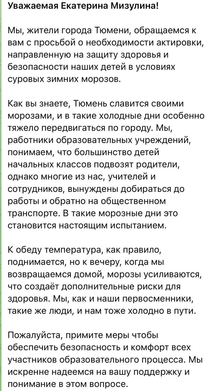 Екатерина Мизулина: В Тюмени какая-то беда с актировками: на улице очень сильные морозы, а отменяют занятия не у всех Екатерина Мизулина: В Тюмени какая-то беда с актировками: на улице очень сильные морозы, а отменяют занятия не у всех