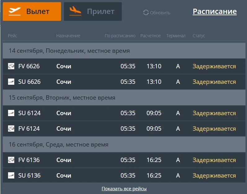 Шесть рейсов из Сочи не могут вылететь в Тюмени
