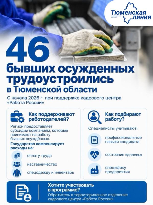 46 бывших осужденных смогли трудоустроиться при поддержке кадрового центра "Работа России" в Тюменской области с начала 2026 года